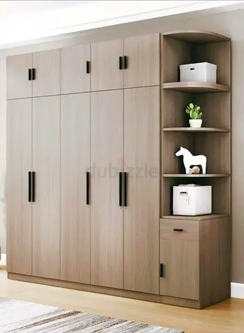 Large 5-Door Wooden Wardrobe with Open Shelves and Top Storage