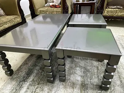 Set of 3 Grey Wooden Coffee  Side Tables with Block Legs