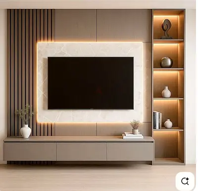 Modern wall-mounted entertainment unit with illuminated display shelves