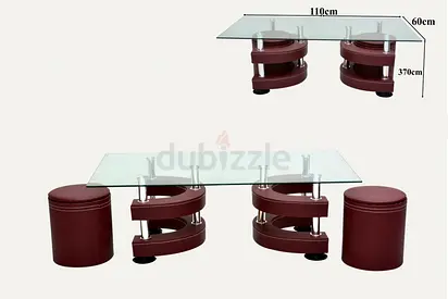 Glass Top Coffee Table with Brown Leather Base and Matching Stools