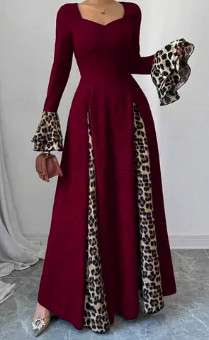 Burgundy Maxi Dress with Leopard Print Panels