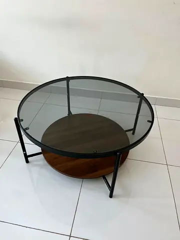 Round Glass Coffee Table with Wood Shelf and Black Metal Frame