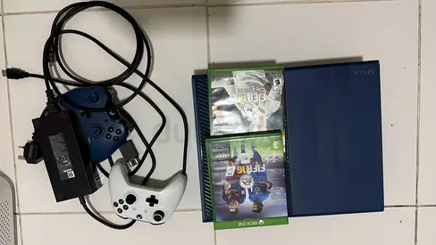 Xbox One S (blue) console with 2 controllers, power cable and 2 games