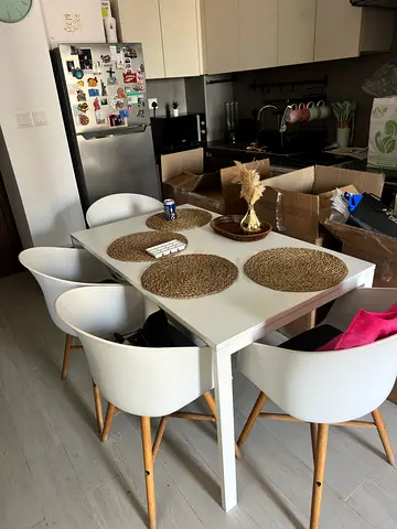 IKEA-style white dining table with 4 matching chairs - good condition