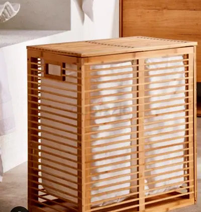 NEW Wooden Double-Bag Laundry Hamper with Slatted Design BOHO
