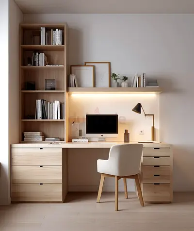 Light Wood Built-in Home Office Desk with Shelving — Good Condition
