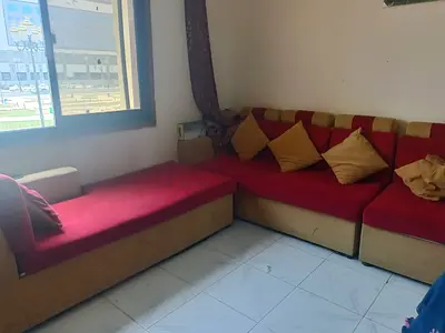 L-shaped Red  Beige Fabric Sofa with Chaise - Good Condition
