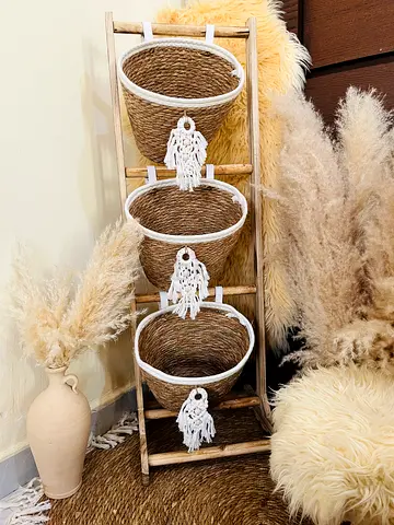 Wooden Ladder with 3 Woven Hanging Baskets - Boho Decorative Storage