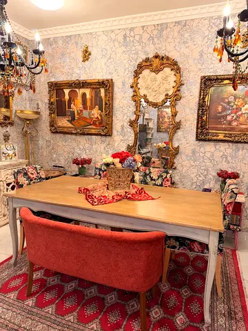 Solid Wood Dining Table with Upholstered Bench and Floral Chairs - Elegant Set