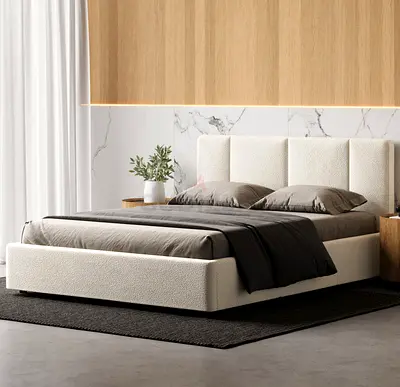 White boucle vertical channel headboard queen bed