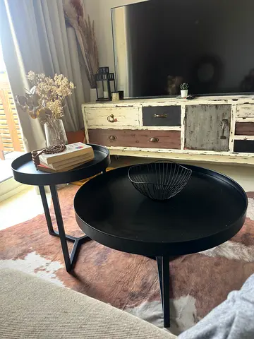 Set of 2 Round Nesting Coffee Side Tables - Black Metal, Modern