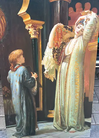 Vintage Large Framed Oil-Style Painting of Two Figures in Classical Dress