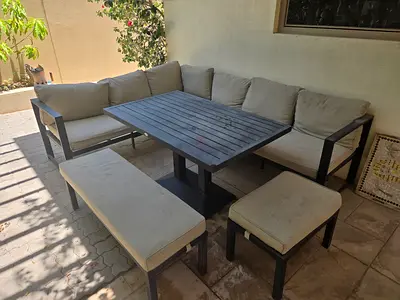 Outdoor corner sofa set with table and stools - solid frame