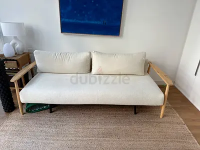 CB2 Una Ivory Boucle Sleeper Sofa - Light Wood Frame