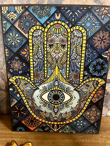 Hand-painted Hamsa Wall Art Canvas – Blue  Gold Decorative Tile Pattern