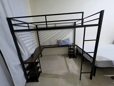 Metal Loft Bed with Integrated L-Shaped Desk and Shelves - Single ( without Matteress)