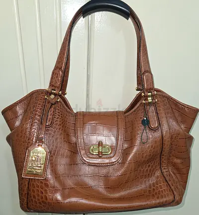 Genuine Ralph Lauren Brown croc tote leather handbag with top flap and gold-tone hardware