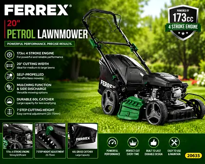 Ferrex 20 Petrol Lawnmower 173cc Self-Propelled Garden Mower