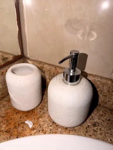 White Stone-Effect Bathroom Soap Dispenser and Tumbler Set