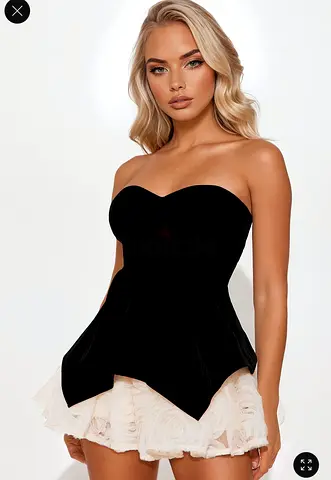 Black Strapless Velvet Peplum Top with Ruffled Skirt Accent