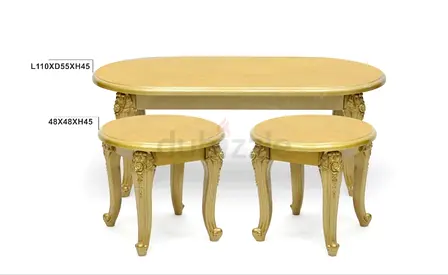 Classic carved wood coffee table set with 2 matching round stools - light beige finish