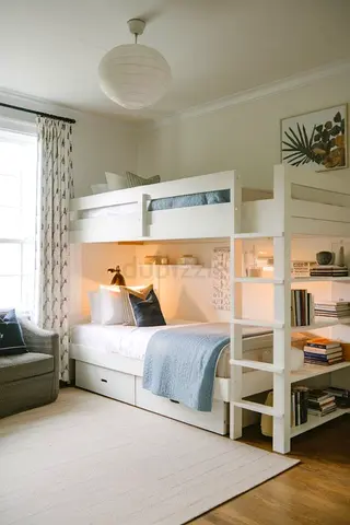 White Wooden Bunk Bed with Built-in Shelves and Trundle