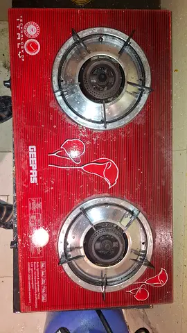 Used Geepas 2-Burner Gas Stove - Red, Working Condition with Cylinder and Regulator