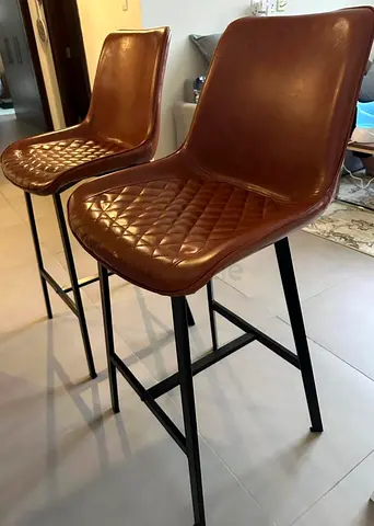 Set of 2 Brown Leather Quilted Bar Stools with Metal Legs