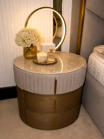 Round 3-Drawer Marble Top Bedside Table - Gold  Beige