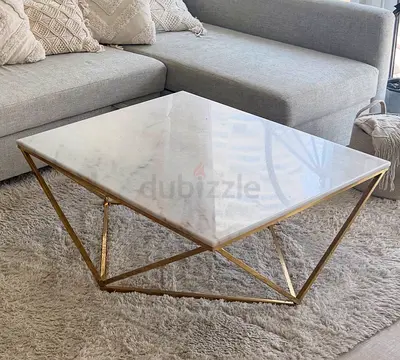 Marble Top Geometric Gold Coffee Table - Modern Square Center Table