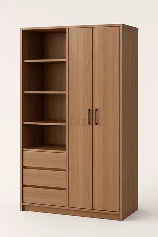 Tall wooden wardrobe with open shelves and three drawers - good condition