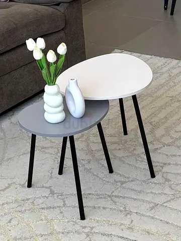 Set of 2 Nesting Round Side Tables - White  Grey, Black Legs