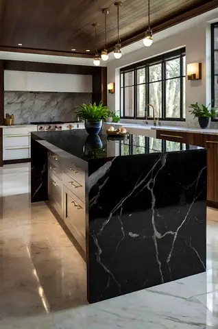 Black Marble Kitchen Island with Gold Hardware