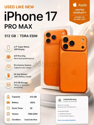 Used like new iPhone 17 Pro Max 512GB (TDRA eSIM) - 100% Battery, Limited Warranty