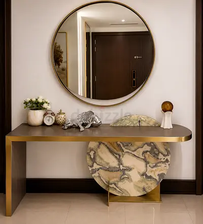 Modern Marble Accent Console Table with Brass Trim and Decorative Mirror entrance table console new