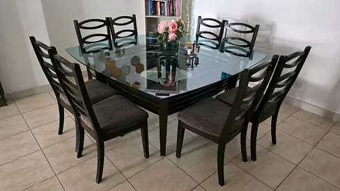 8-Seater Tempered Glass Top Dining Table with Wooden Frame and Cushioned Chairs