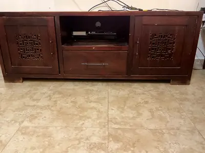 Solid Wood TV Cabinet with Carved Doors - Dark Brown
