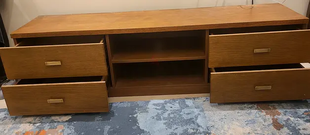 Low wooden TV cabinet / media console with 4 drawers and open shelves