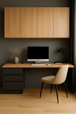 Modern minimal wooden study desk with wall cabinets