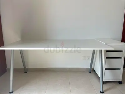 White Minimalist Desk with Metal Legs and Matching Drawer Unit