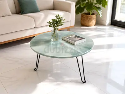 Handmade Resin Round Green Marble-Style Coffee Table with Hairpin Legs