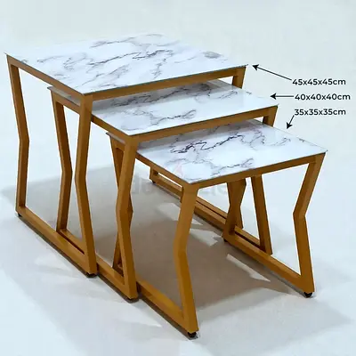 Set of 3 Nesting Side Tables with Marble-Effect Tops and Gold Frames