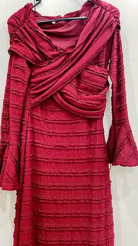 Elegant Burgundy Textured Long Sleeve Dress