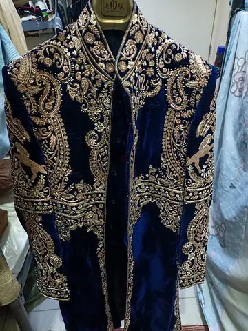 Navy Blue Velvet Sherwani with Gold Embroidery - Size Approx M/L