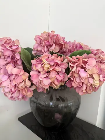 Pink Hydrangea Artificial Flower Arrangement in Blue Glass Vase