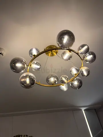 Modern Gold Ring Chandelier with Glass Globe Bulbs - Excellent Condition