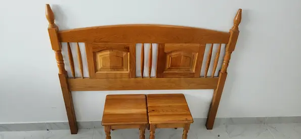 Solid Wood Headboard with Two Matching Bedside Stools