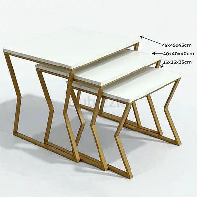 Set of 3 Modern Nesting Side Tables - White Tops with Gold Metal Frames
