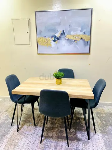 Wooden Dining Table with 4 Velvet Chairs - Light Oak Finish