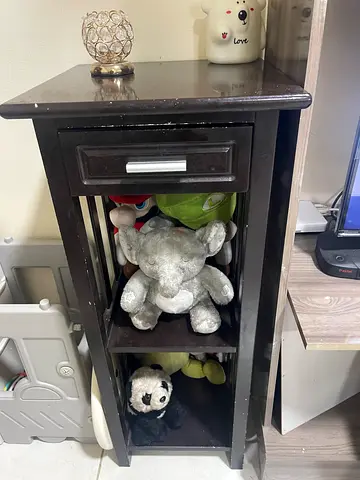 Narrow Dark Wood Storage Cabinet with Open Shelves and Drawer